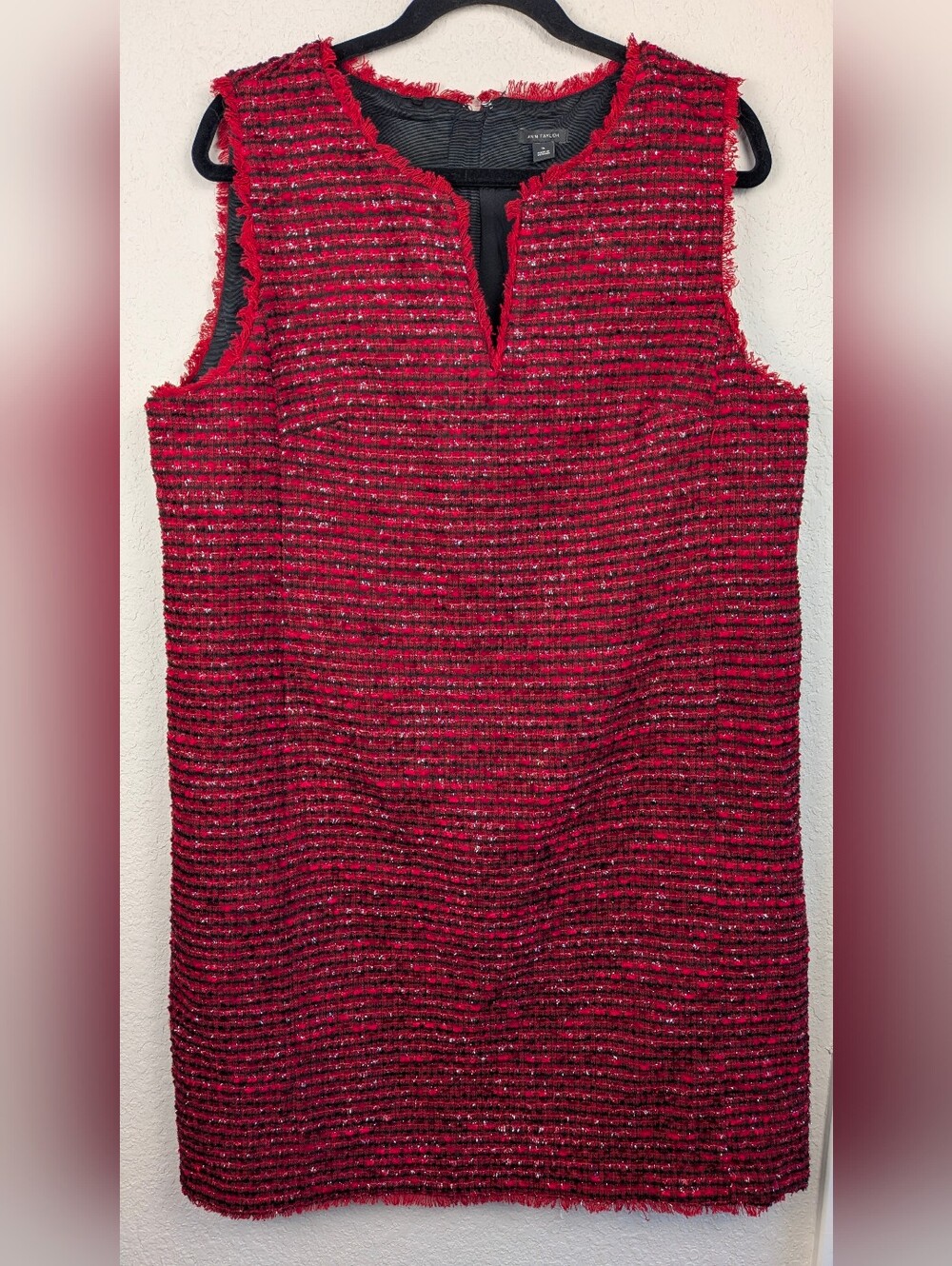 Ann Taylor Tweed Shift Dress Size 16 Red Black Silver Detail Lined Excellent